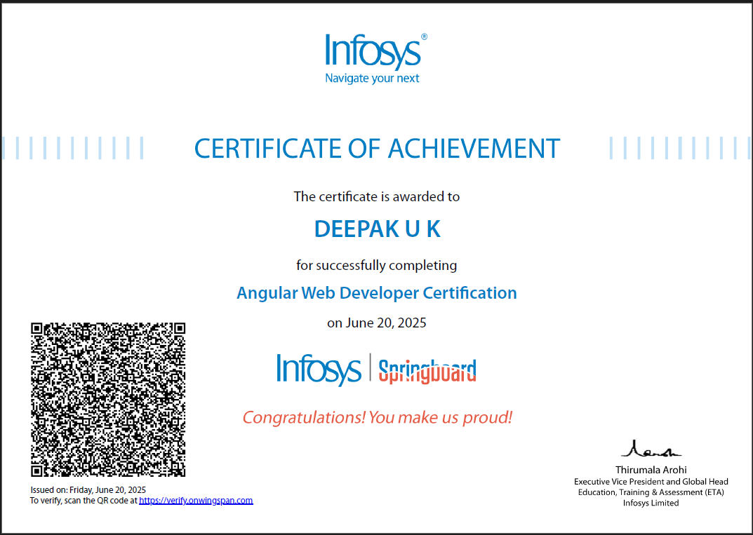 Angular Web Developer certification from Infosys Springboard